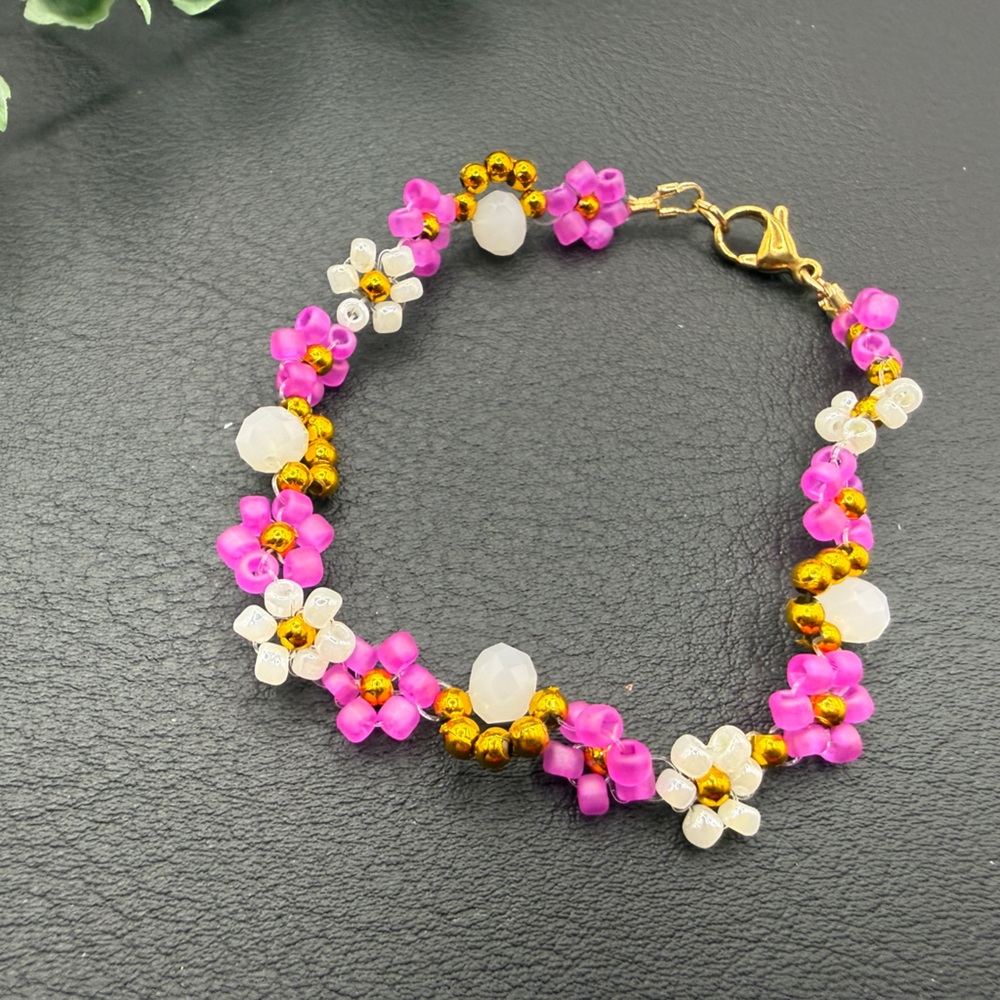 Gold Accent Pink Flower Beaded Bracelet with White Beads